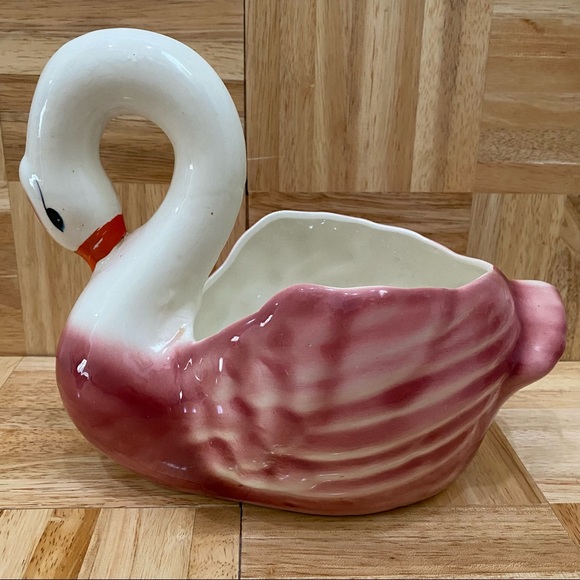 Vintage Pink & White 8 1/2” Large Swan Planter Ceramic Glazed Pottery Swan - Picture 8 of 14